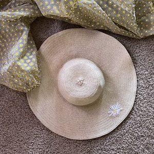 Embroidered Paper Straw Woven Metallic Floppy Sun Vacation Hat